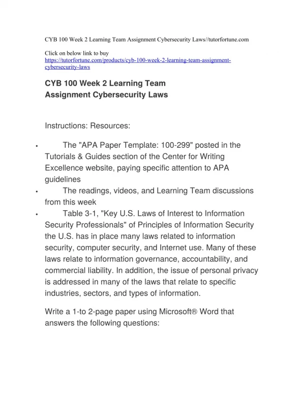 CYB 100 Week 2 Learning Team Assignment Cybersecurity Laws//tutorfortune.com
