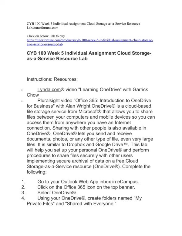 CYB 100 Week 5 Individual Assignment Cloud Storage-as-a-Service Resource Lab//tutorfortune.com