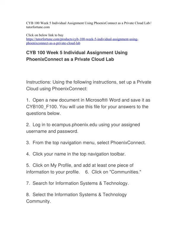CYB 100 Week 5 Individual Assignment Using PhoenixConnect as a Private Cloud Lab//tutorfortune.com