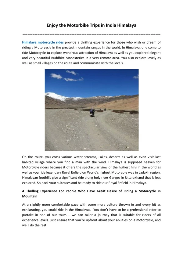 Enjoy the Motorbike Trips in India Himalaya