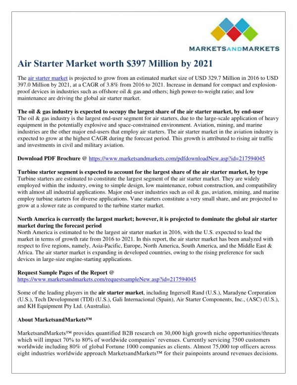 Air Starter Market worth $397 Million by 2021