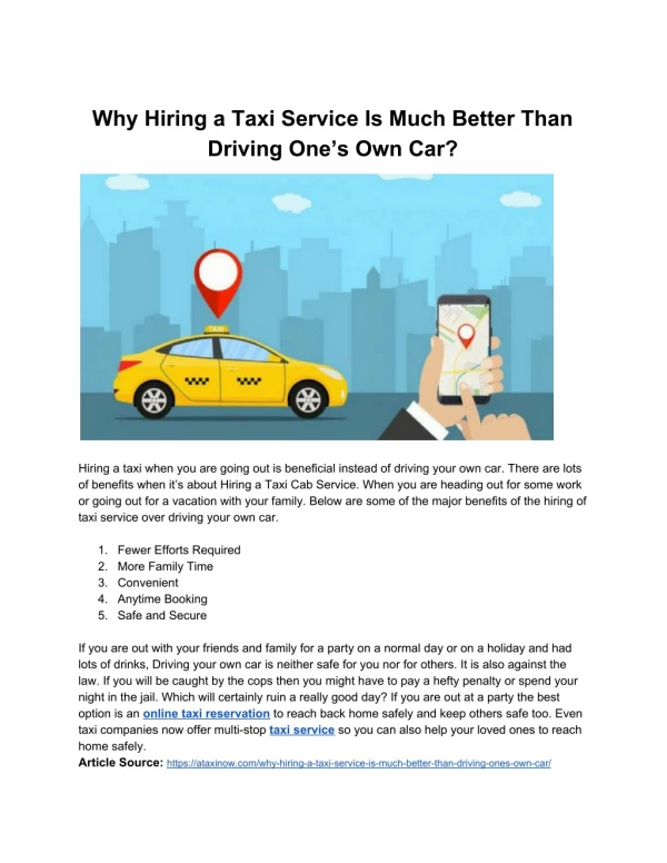 Why Hiring a Taxi Service Is Much Better Than Driving One’s Own Car?