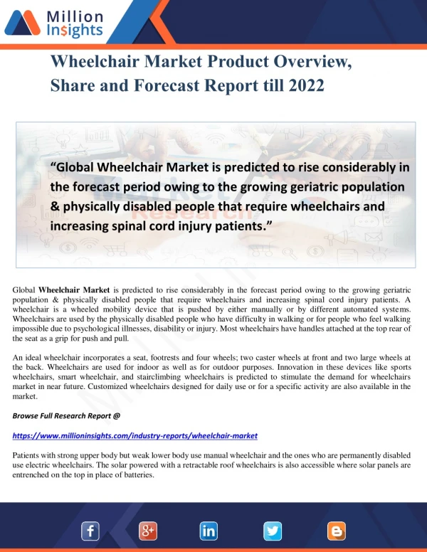 Wheelchair Market Product Overview, Share and Forecast Report till 2022