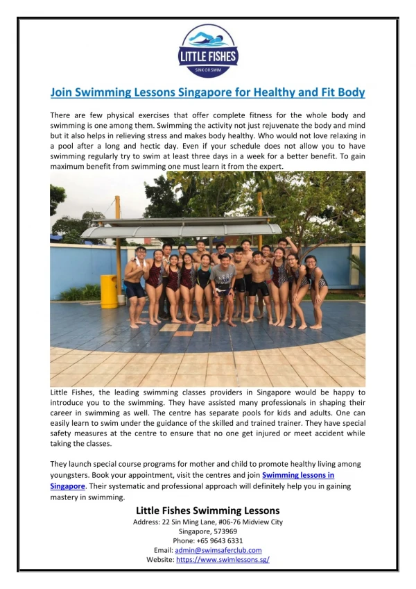Join Swimming Lessons Singapore for Healthy and Fit Body