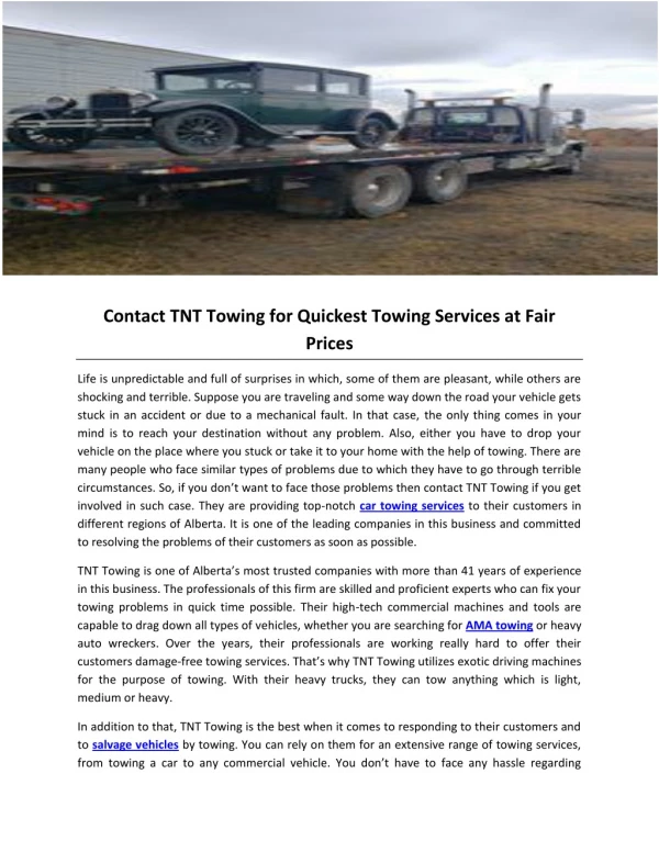 Contact TNT Towing for Quickest Towing Services at Fair Prices