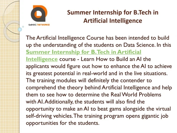 Summer Internship for B.Tech in Artificial Intelligence