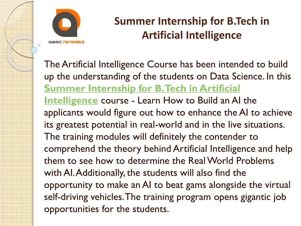 summer internship for b tech in artificial intelligence