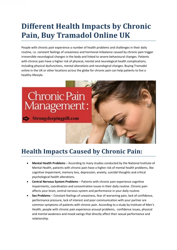 Different Health Impacts by Chronic Pain, Buy Tramadol Online UK