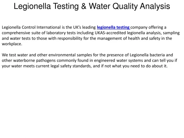 Legionella Testing & Water Quality Analysis