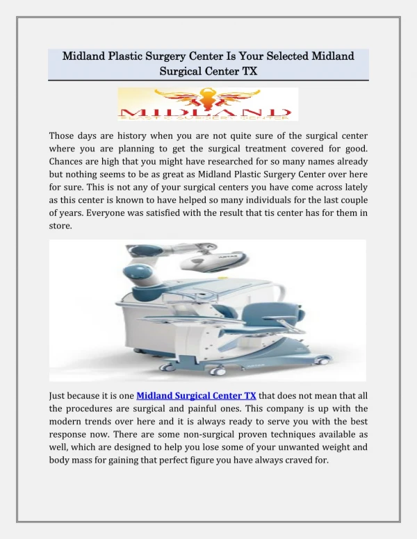 Midland Plastic Surgery Center Is Your Selected Midland Surgical Center TX