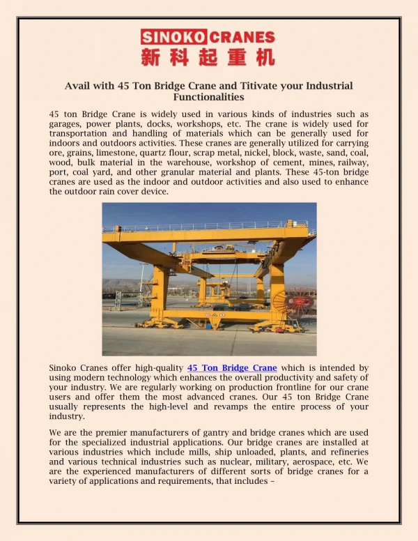 Avail with 45 Ton Bridge Crane and Titivate your Industrial Functionalities