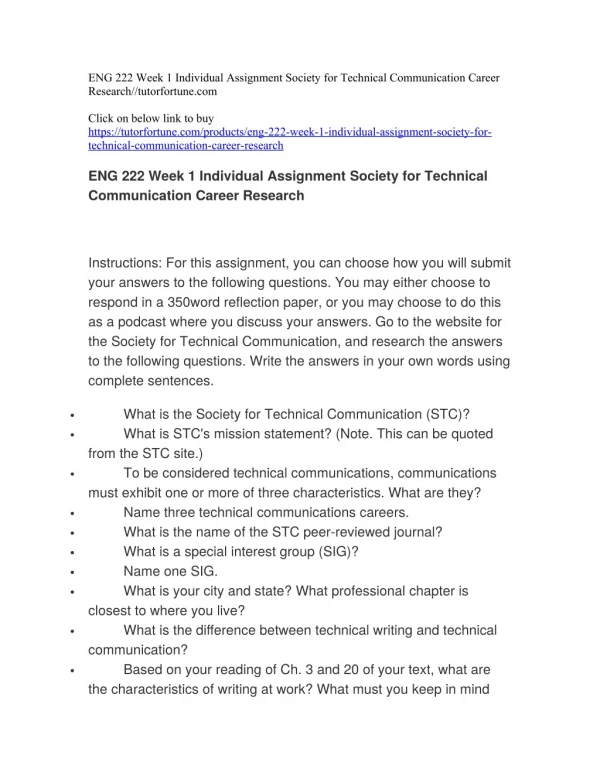 ENG 222 Week 1 Individual Assignment Society for Technical Communication Career Research//tutorfortune.com