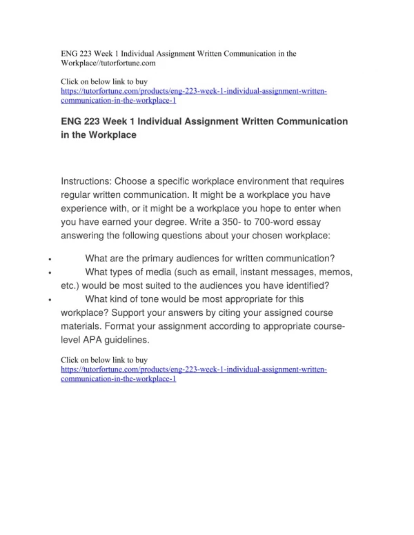 ENG 223 Week 1 Individual Assignment Written Communication in the Workplace//tutorfortune.com