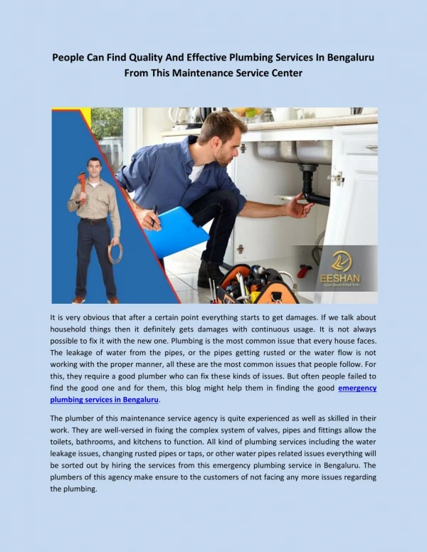 People Can Find Quality And Effective Plumbing Services In Bengaluru From This Maintenance Service Center