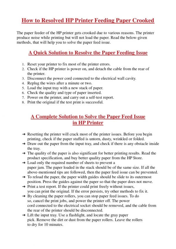 How to Resolved HP Printer Feeding Paper Crooked