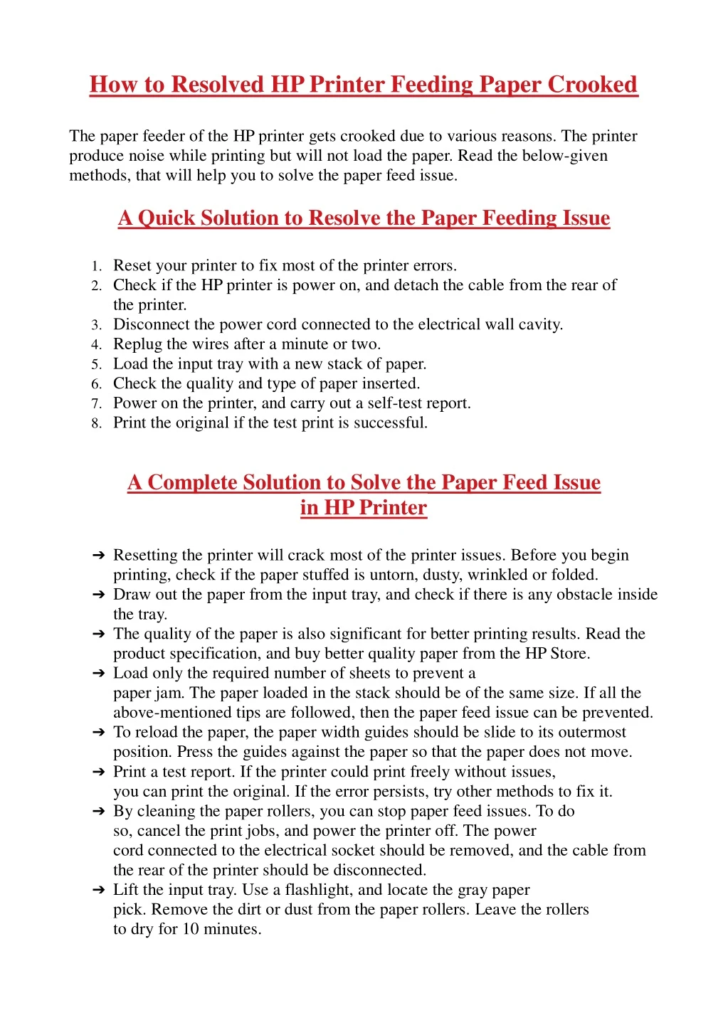 how to resolved hp printer feeding paper crooked