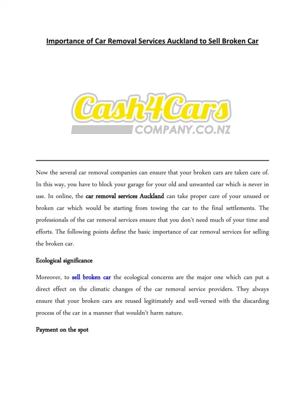 Importance of Car Removal Services Auckland to Sell Broken Car