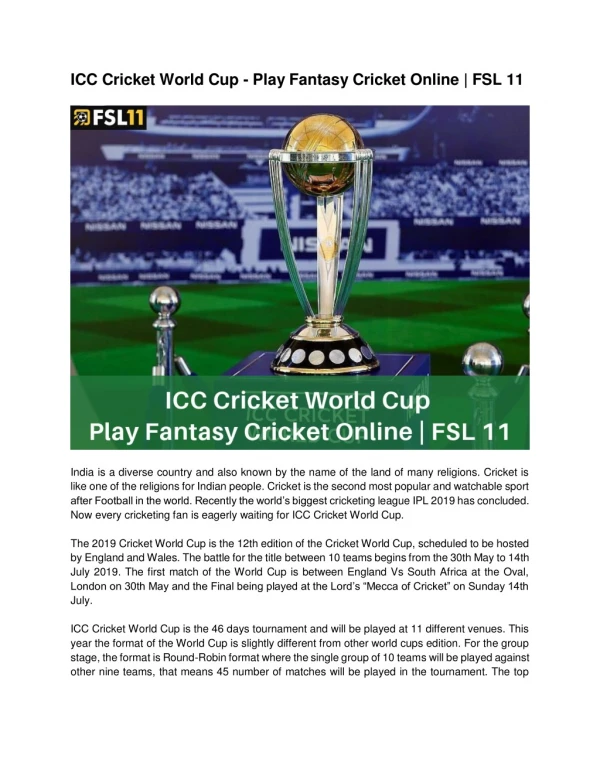 ICC Cricket World Cup - Play Fantasy Cricket Online | FSL 11