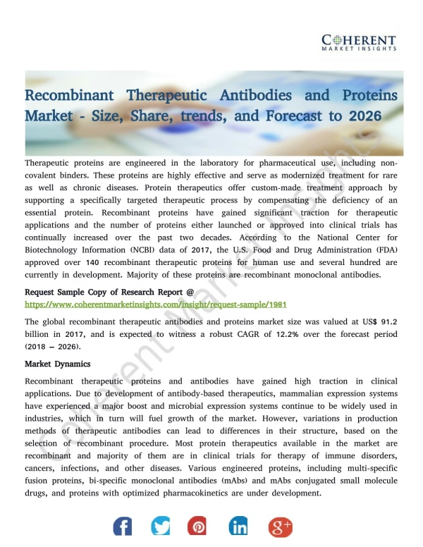 Recombinant Therapeutic Antibodies and Proteins Market - Size, Share, trends, and Forecast to 2026