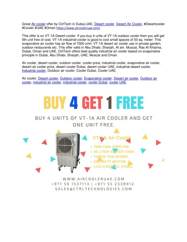 Buy 4 air cooler and get one desert cooler free or outdoor cooler free