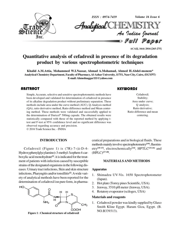Quantitative analysis of cefadroxil in presence of its degradation product by various spectrophotometric techniques