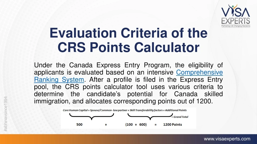 evaluation criteria of the crs points calculator