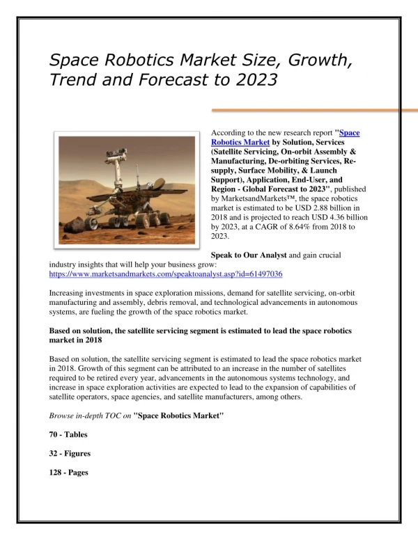 Space Robotics Market Overview, Cost Structure Analysis, Growth Opportunities and Forecast to 2023