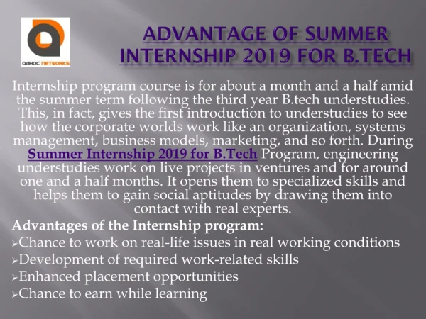 Advantage of Summer Internship 2019 for B.Tech