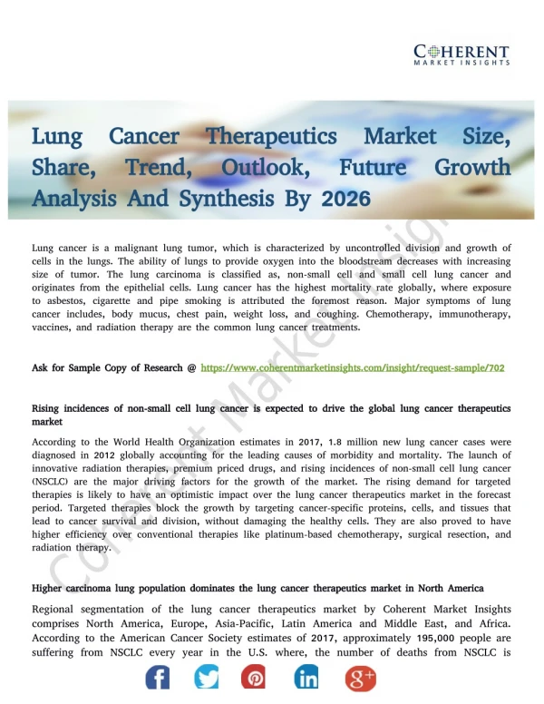 Lung Cancer Therapeutics Market Global Briefing and Future Outlook 2018 to 2026
