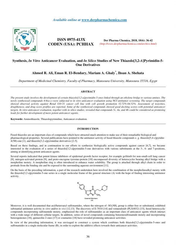 Synthesis, In Vitro Anticancer Evaluation, and In Silico Studies of New Thiazolo[3,2-A]Pyrimidin-5- One Derivatives