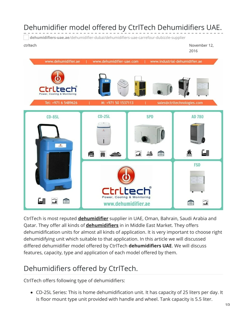 dehumidifier model offered by ctrltech