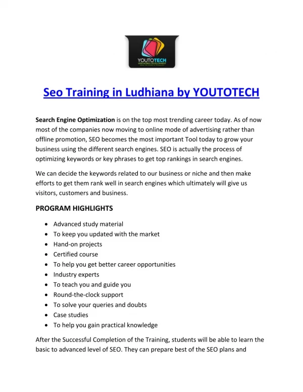 Seo Training in Ludhiana by YOUTOTECH Web Mobile Development