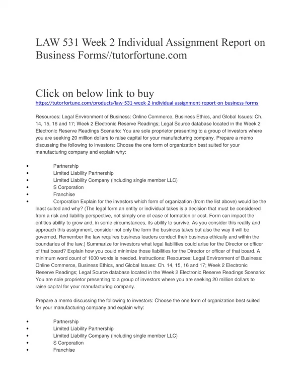 LAW 531 Week 2 Individual Assignment Report on Business Forms//tutorfortune.com
