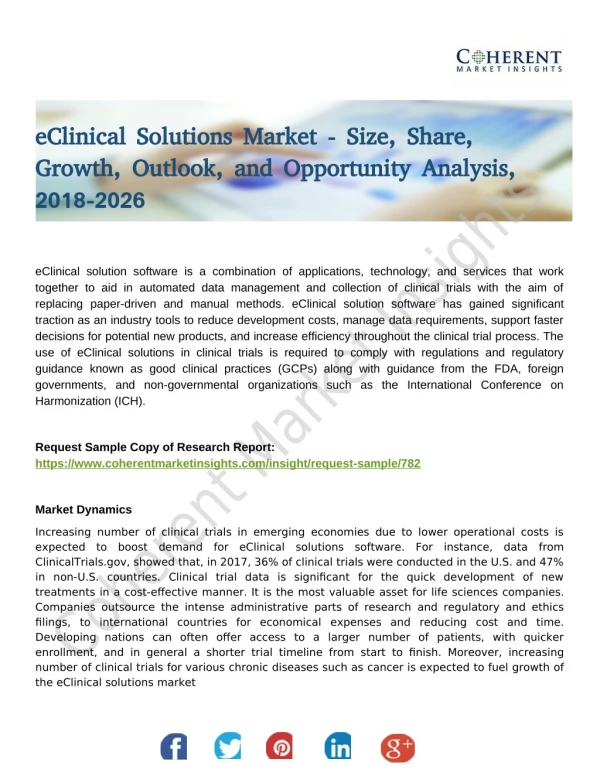 eClinical Solutions Market Growth Analysis by Manufacturers, Regions, Type and Application, Forecast Analysis to 2026