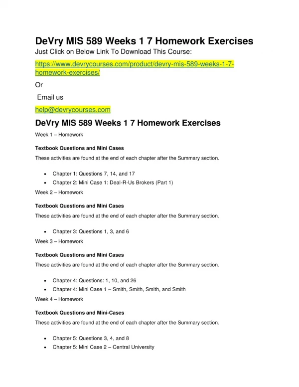 DeVry MIS 589 Weeks 1 7 Homework Exercises