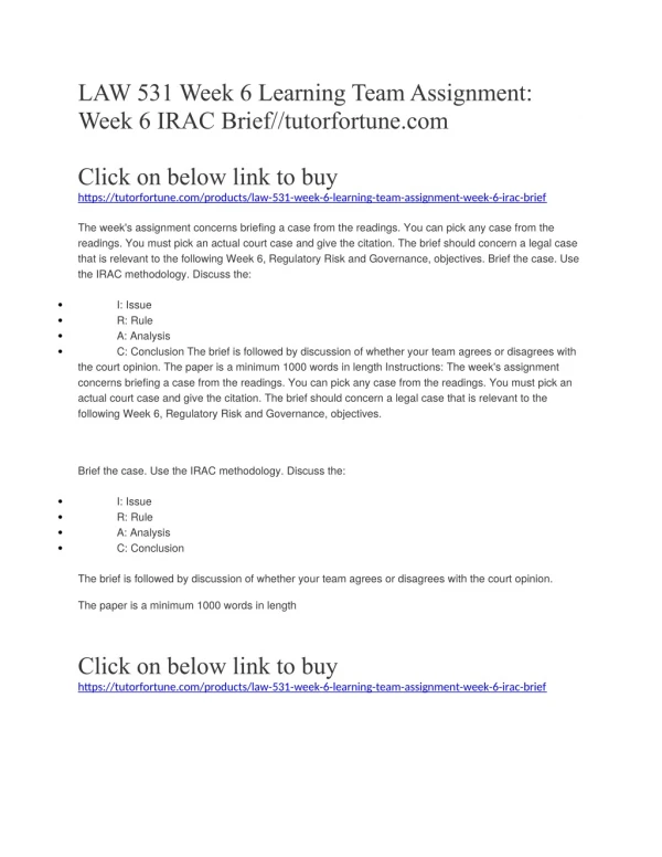 LAW 531 Week 6 Learning Team Assignment: Week 6 IRAC Brief//tutorfortune.com