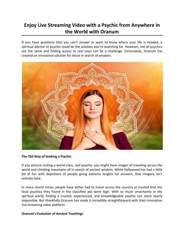 Enjoy Live Streaming Video with a Psychic from Anywhere in the World with Oranum