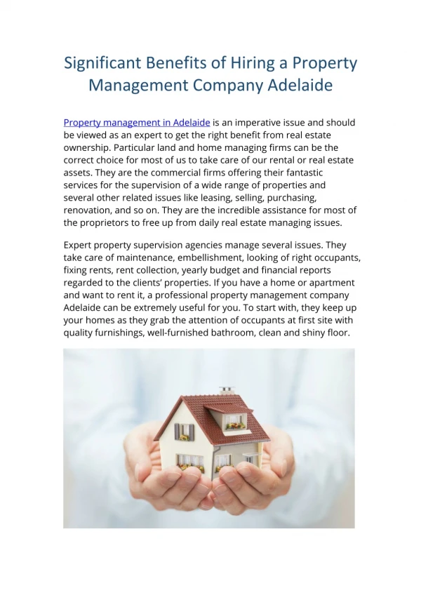 Significant Benefits of Hiring a Property Management Company Adelaide