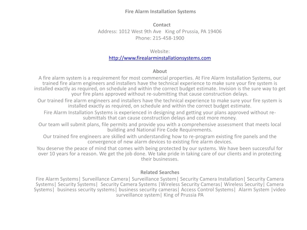 fire alarm installation systems contact address
