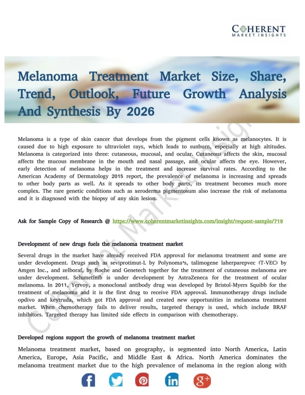 Melanoma Treatment Market Show Huge Growth and Forecasts to 2026