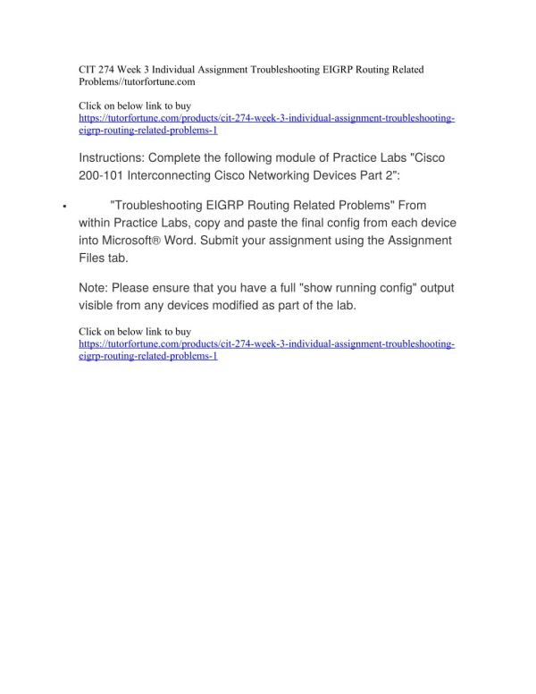 CIT 274 Week 3 Individual Assignment Troubleshooting EIGRP Routing Related Problems//tutorfortune.com