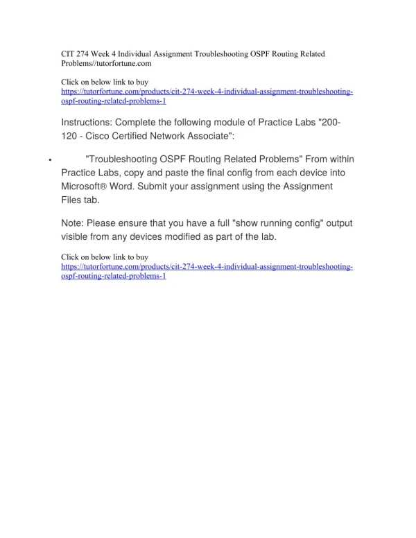 CIT 274 Week 4 Individual Assignment Troubleshooting OSPF Routing Related Problems//tutorfortune.com