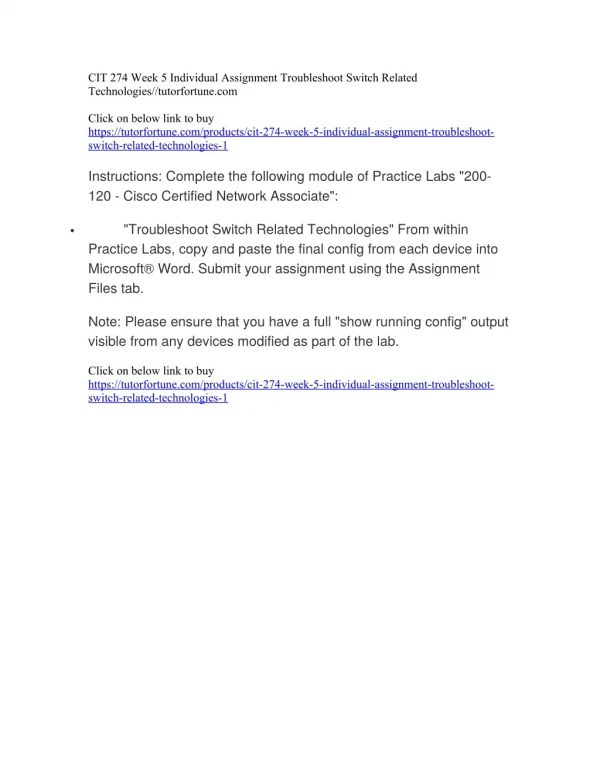 CIT 274 Week 5 Individual Assignment Troubleshoot Switch Related Technologies//tutorfortune.com