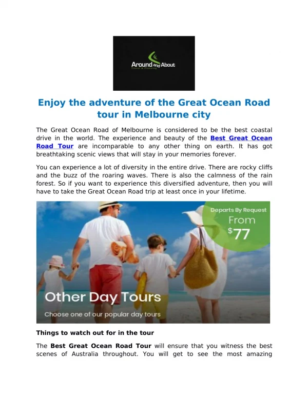 Enjoy the adventure of the Great Ocean Road tour in Melbourne city