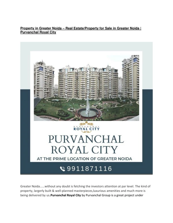 Property in Greater Noida – Real Estate/Property for Sale in Greater Noida | Purvanchal Royal City
