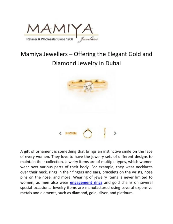 Mamiya Jewellers – Offering the Elegant Gold and Diamond Jewelry in Dubai