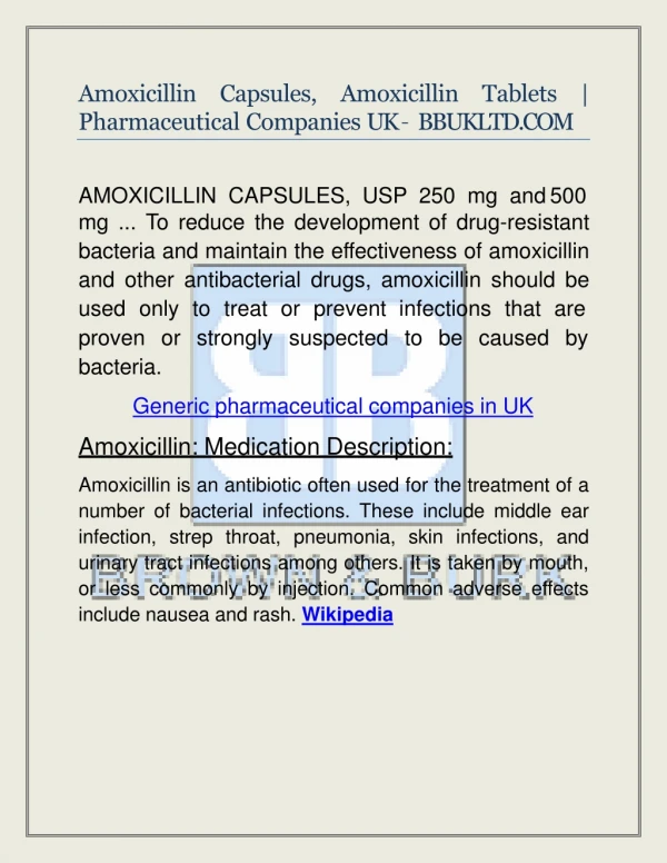 Amoxicillin Capsules, Amoxicillin Tablets | Pharmaceutical Companies UK