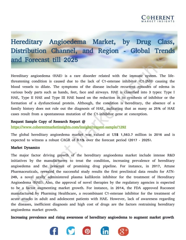 Hereditary Angioedema Market, by Drug Class, Distribution Channel, and Region - Global Trends and Forecast till 2025