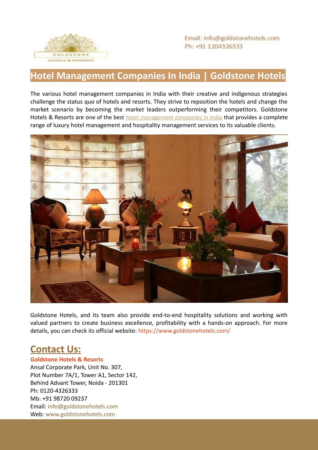 hotel management companies in india goldstone