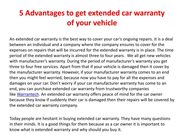 5 Advantages to get extended car warranty of your vehicle